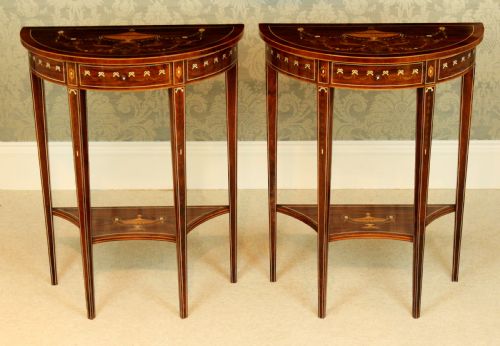 A PAIR OF EXHIBITION QUALITY LATE VICTORIAN ROSEWOOD INLAID DEMI LUNE SIDE TABLES BY EDWARDS ROBERTS - ADDITIONAL PHOTO 1