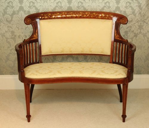 AN EXQUISITE LATE VICTORIAN MAHOGANY INLAID UPHOLSTERED SETTEE - ADDITIONAL PHOTO 2