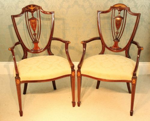 A FINE PAIR OF LATE VICTORIAN MAHOGANY INLAID SHIELD BACK LADIES AND GENTS ARMCHAIRS BY MAPLE CO - ADDITIONAL PHOTO 1
