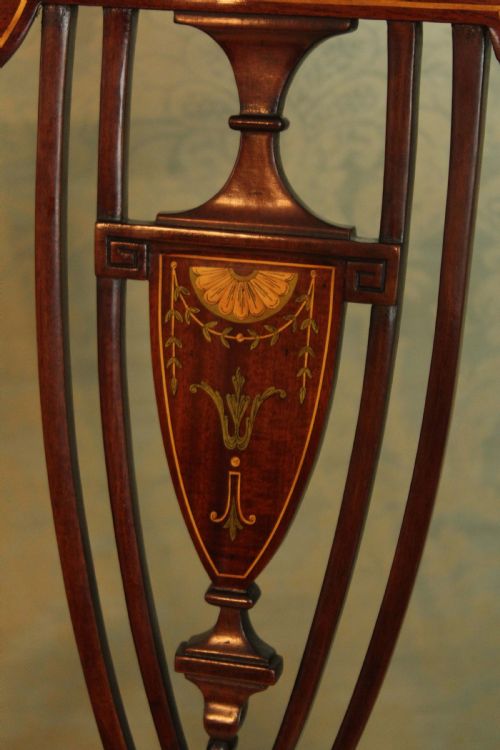 A FINE PAIR OF LATE VICTORIAN MAHOGANY INLAID SHIELD BACK LADIES AND GENTS ARMCHAIRS BY MAPLE CO - ADDITIONAL PHOTO 2