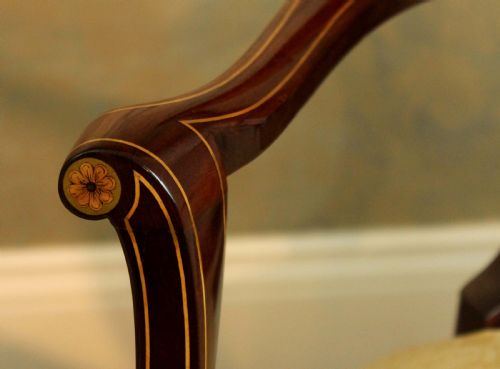 A FINE PAIR OF LATE VICTORIAN MAHOGANY INLAID SHIELD BACK LADIES AND GENTS ARMCHAIRS BY MAPLE CO - ADDITIONAL PHOTO 5