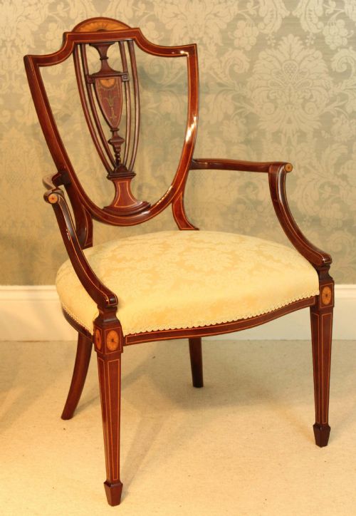 A FINE PAIR OF LATE VICTORIAN MAHOGANY INLAID SHIELD BACK LADIES AND GENTS ARMCHAIRS BY MAPLE CO - ADDITIONAL PHOTO 8
