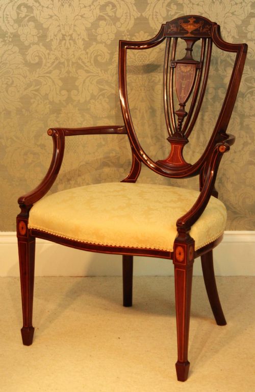 A FINE PAIR OF LATE VICTORIAN MAHOGANY INLAID SHIELD BACK LADIES AND GENTS ARMCHAIRS BY MAPLE CO - ADDITIONAL PHOTO 9