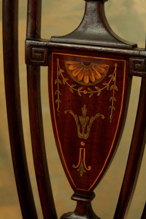 A FINE PAIR OF LATE VICTORIAN MAHOGANY INLAID SHIELD BACK LADIES AND GENTS ARMCHAIRS BY MAPLE CO - ADDITIONAL PHOTO 10