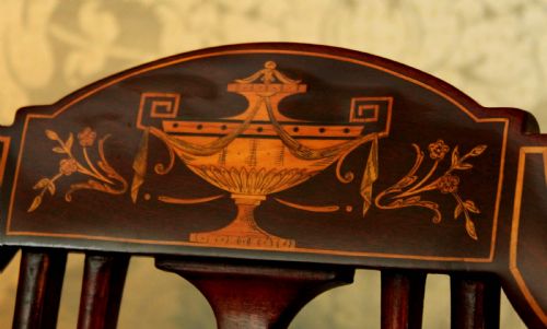 A FINE PAIR OF LATE VICTORIAN MAHOGANY INLAID SHIELD BACK LADIES AND GENTS ARMCHAIRS BY MAPLE CO - ADDITIONAL PHOTO 11