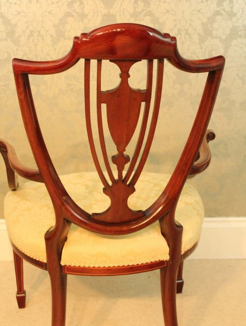 A FINE PAIR OF LATE VICTORIAN MAHOGANY INLAID SHIELD BACK LADIES AND GENTS ARMCHAIRS BY MAPLE CO - ADDITIONAL PHOTO 12