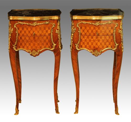 a pair of quality early 20th century french kingwood inlaid ormolu mounted bedside tables - CATEGORY: ANTIQUE TABLES - DATED 1930