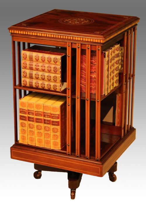 an exquisite late victorian mahogany inlaid revolving bookcase by maple co - CATEGORY: ANTIQUE BOOKCASES - DATED 1890