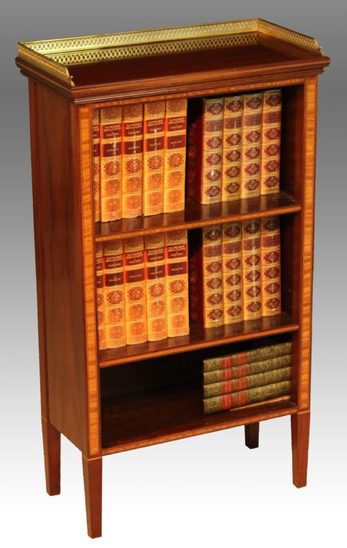a fine quality edwardian mahogany inlaid open bookcase - CATEGORY: ANTIQUE BOOKCASES - DATED EDWARDIAN