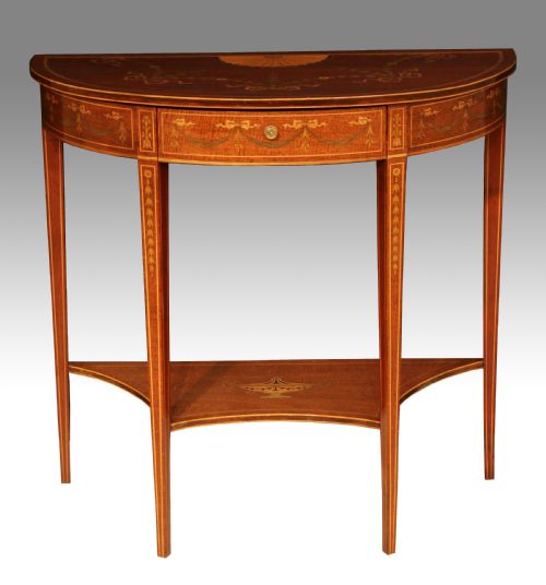 an immaculate quality late victorian mahogany inlaid demilune side table - CATEGORY: ANTIQUE TABLES - DATED VICTORIAN