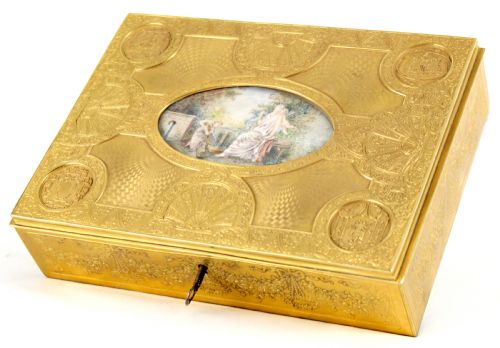 a fine late 19th c french finely engraved gilt metal rectangular ladies dressing casket - CATEGORY: ANTIQUE BOXES - DATED 19TH CENTURY