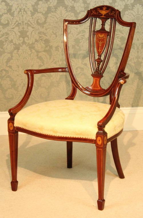 A FINE LATE VICTORIAN MAHOGANY INLAID SHIELD BACK ARMCHAIR BY MAPLE CO - ADDITIONAL PHOTO 1