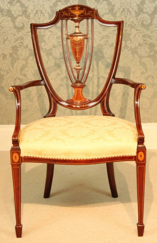 A FINE LATE VICTORIAN MAHOGANY INLAID SHIELD BACK ARMCHAIR BY MAPLE CO - ADDITIONAL PHOTO 6