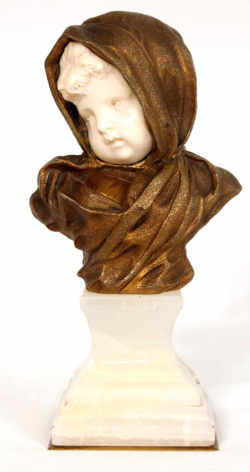 dominique alonzo 19101930 bronze and ivory baby face on white onyx base - CATEGORY: ANTIQUE SCULPTURES - DATED 1920
