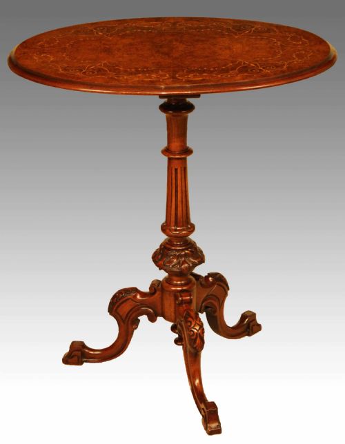 a fine quality victorian burrwalnut inlaid oval tripod table - CATEGORY: ANTIQUE TABLES - DATED 1860