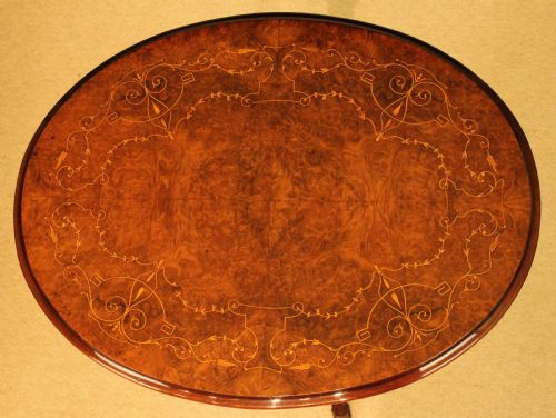 A FINE QUALITY VICTORIAN BURRWALNUT INLAID OVAL TRIPOD TABLE - ADDITIONAL PHOTO 2