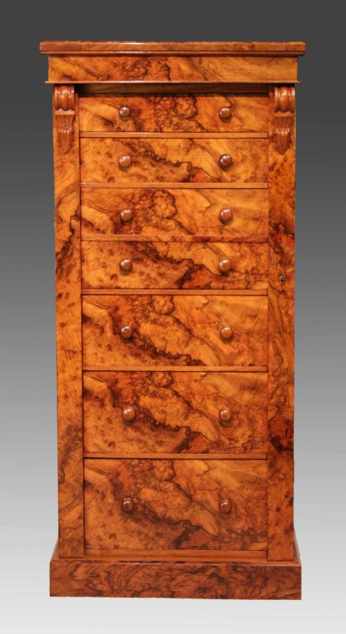 a fine quality victorian figured burr walnut secretaire wellington chest - CATEGORY: ANTIQUE CHEST OF DRAWERS - DATED 1870