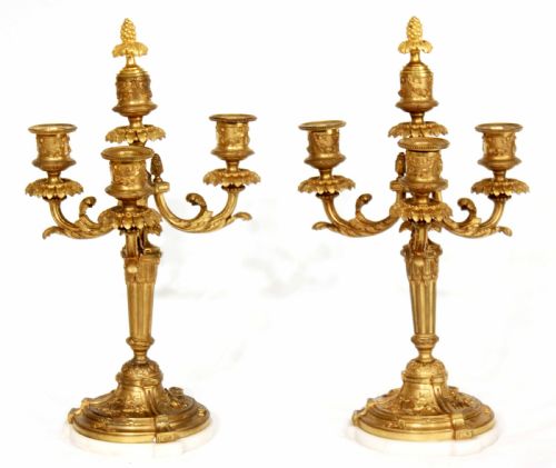 a pair of late 19th century gilt ormolu three branched candelabra - CATEGORY: ANTIQUE LIGHTING - DATED 1870