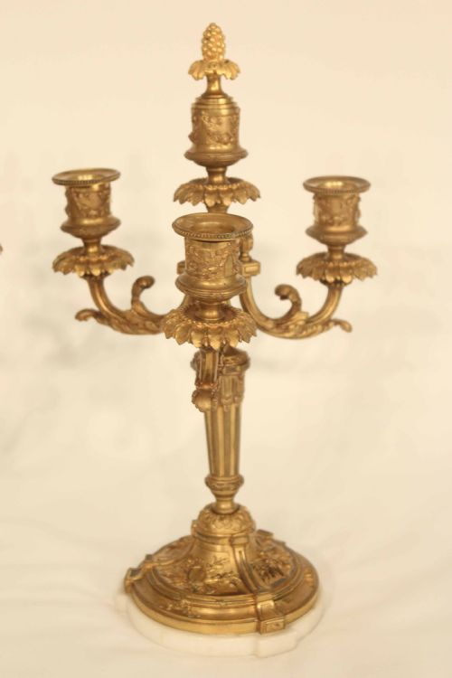 A PAIR OF LATE 19TH CENTURY GILT ORMOLU THREE BRANCHED CANDELABRA - ADDITIONAL PHOTO 2