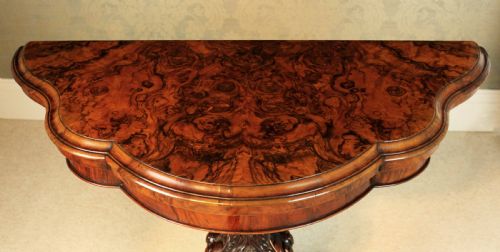 A LATE VICTORIAN BURR WALNUT SERPENTINE SHAPE CARD TABLE - ADDITIONAL PHOTO 6