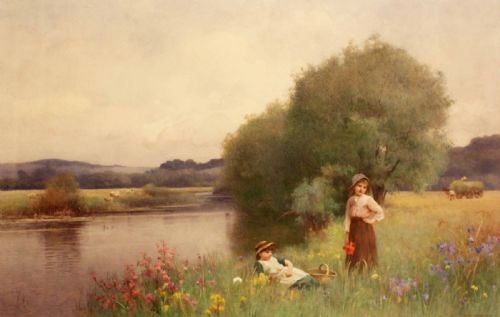 benjamin d sigmund 18801903 watercolour of girls in a river scene - CATEGORY: ANTIQUE ART - DATED 1900