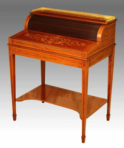 a quality late victorian mahogany inlaid cylinder desk circa 1890 - CATEGORY: ANTIQUE DESKS - DATED 1890