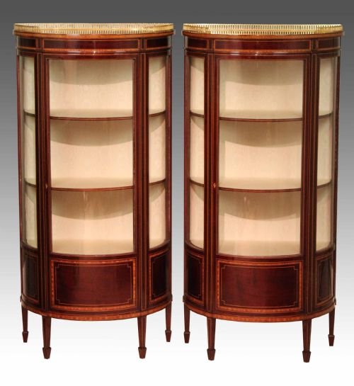 a fine quality pair of edwardian inlaid bowfront glazed display cabinets - CATEGORY: ANTIQUE CABINETS - DATED 1910
