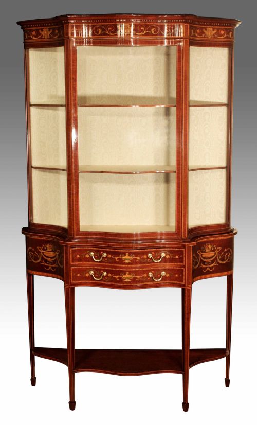 an exhibition quality late victorian mahogany inlaid serpentine display cabinet by maple co - CATEGORY: ANTIQUE CABINETS - DATED VICTORIAN