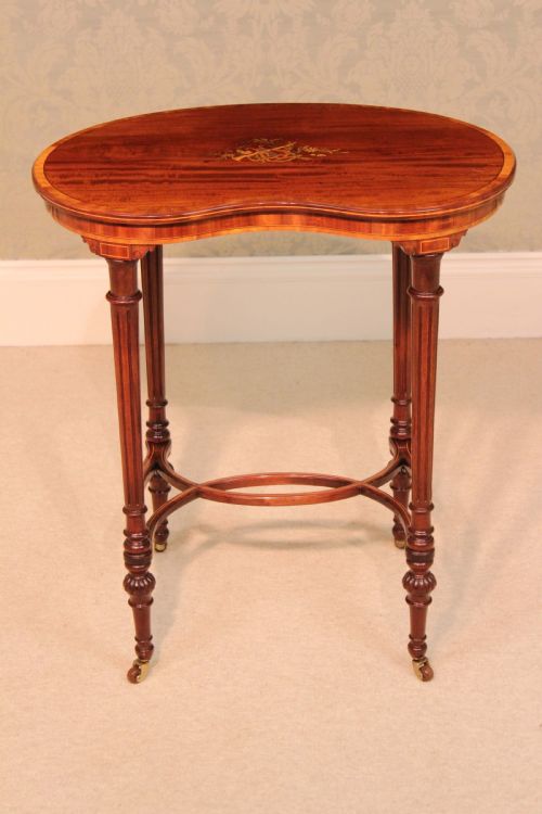 A QUALITY LATE VICTORIAN MAHOGANY INLAID KIDNEY TABLE - ADDITIONAL PHOTO 1