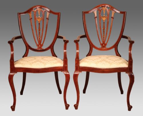 a fine pair of late victorian mahogany inlaid shield back ladies and gents armchairs by edwards roberts - CATEGORY: ANTIQUE CHAIRS - DATED VICTORIAN