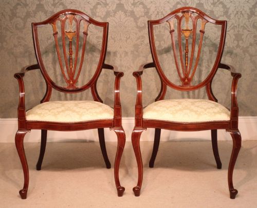 A FINE PAIR OF LATE VICTORIAN MAHOGANY INLAID SHIELD BACK LADIES AND GENTS ARMCHAIRS BY EDWARDS ROBERTS - ADDITIONAL PHOTO 1