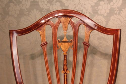 A FINE PAIR OF LATE VICTORIAN MAHOGANY INLAID SHIELD BACK LADIES AND GENTS ARMCHAIRS BY EDWARDS ROBERTS - ADDITIONAL PHOTO 3