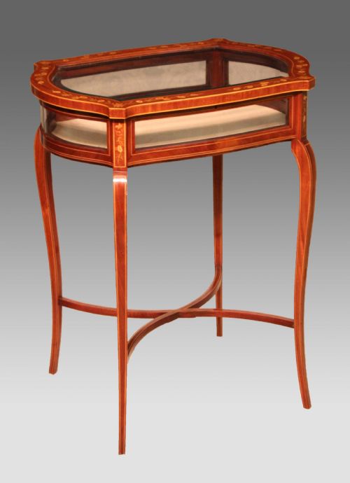 a fine quality late victorian mahogany inlaid serpentine shaped bijouterie table - CATEGORY: ANTIQUE TABLES - DATED 1890