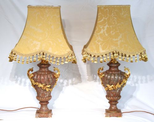 an exhibition quality late 19th century french red and grey marble and ormolu mounted pair of table lamps - CATEGORY: ANTIQUE LIGHTING - DATED 1880