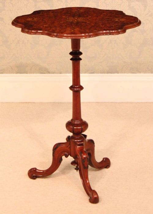 A FINE QUALITY VICTORIAN BURRWALNUT INLAID SCALLOP EDGE TRIPOD TABLE - ADDITIONAL PHOTO 6