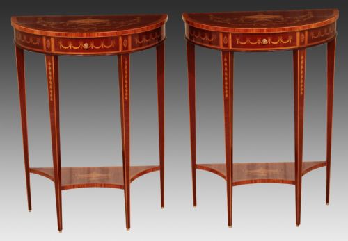 a pair of exhibition quality late victorian mahogany inlaid demi lune side tables by edwards roberts - CATEGORY: ANTIQUE TABLES - DATED VICTORIAN