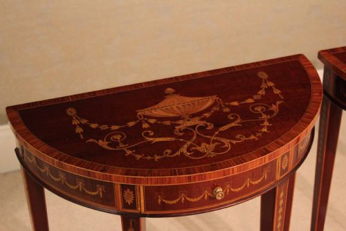 A PAIR OF EXHIBITION QUALITY LATE VICTORIAN MAHOGANY INLAID DEMI LUNE SIDE TABLES BY EDWARDS ROBERTS - ADDITIONAL PHOTO 1