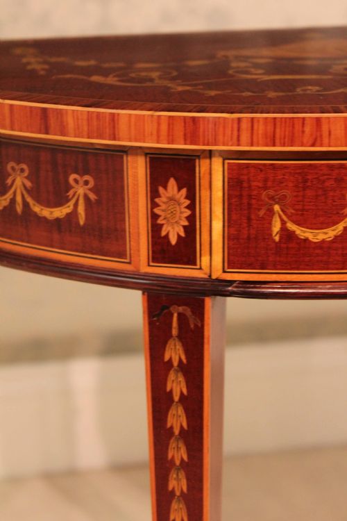A PAIR OF EXHIBITION QUALITY LATE VICTORIAN MAHOGANY INLAID DEMI LUNE SIDE TABLES BY EDWARDS ROBERTS - ADDITIONAL PHOTO 3
