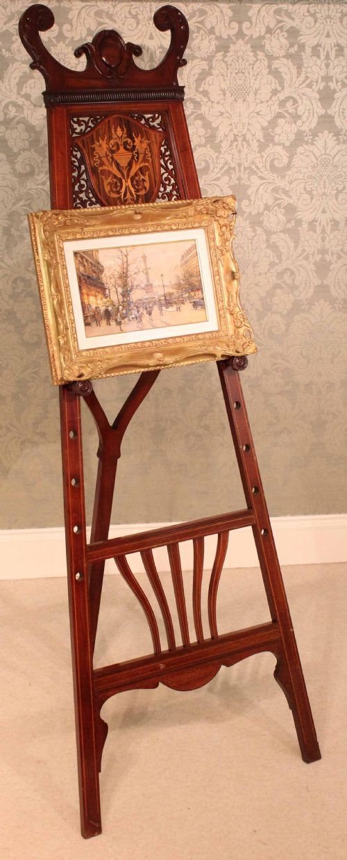 A STRIKING LATE VICTORIAN MAHOGANY INLAID PIERCED FRETWORK DISPLAY STUDIO EASEL - ADDITIONAL PHOTO 2