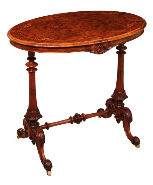 the quality victorian burrwalnut inlaid baby stretcher table - CATEGORY: ANTIQUE TABLES - DATED VICTORIAN