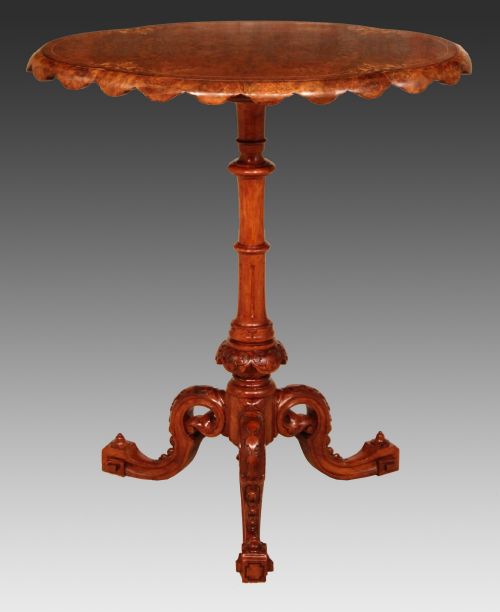 a fine quality victorian burrwalnut inlaid serpentine edge tripod table - CATEGORY: ANTIQUE TABLES - DATED VICTORIAN