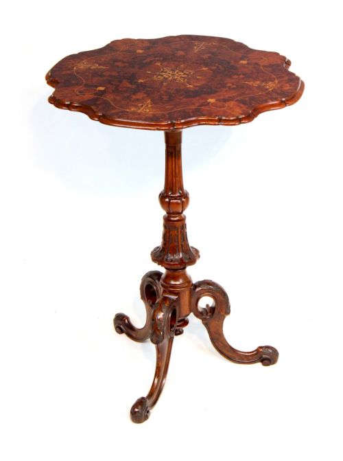a fine quality victorian burrwalnut inlaid scallop edge tripod table - CATEGORY: ANTIQUE TABLES - DATED VICTORIAN