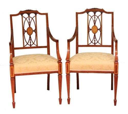 a fine pair of quality late victorian mahogany inlaid arm chairs - CATEGORY: ANTIQUE CHAIRS - DATED VICTORIAN