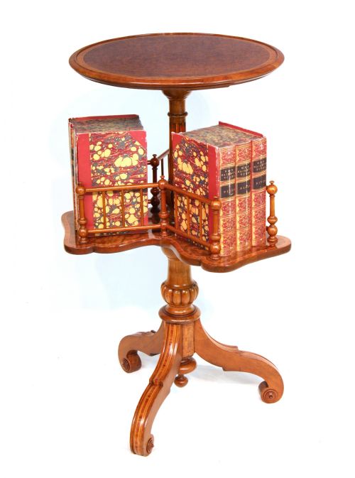 a fine victorian burr walnut inlaid revolving library table - CATEGORY: ANTIQUE BOOKCASES - DATED VICTORIAN