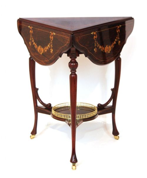 a victorian rosewood marquetry triangular dropleaf occasional table - CATEGORY: ANTIQUE TABLES - DATED VICTORIAN