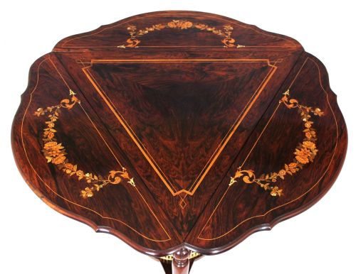 A VICTORIAN ROSEWOOD MARQUETRY TRIANGULAR DROPLEAF OCCASIONAL TABLE - ADDITIONAL PHOTO 1