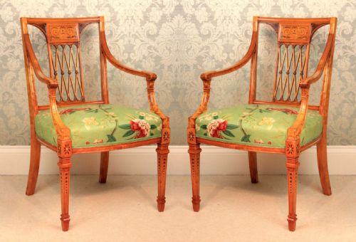 an elegant pair of painted and carved satinwood side chairs - CATEGORY: ANTIQUE CHAIRS - DATED EDWARDIAN