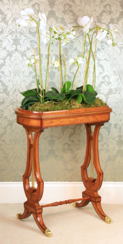a fine victorian mahogany and satinwood inlaid lyre ended jardinere - CATEGORY: ANTIQUE FURNITURE - DATED VICTORIAN