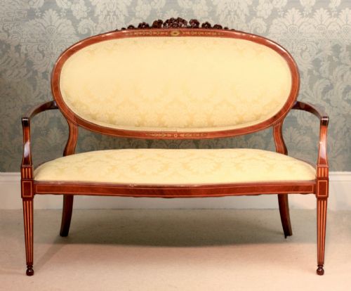 a fine carved late victorian mahogany inlaid upholstered settee - CATEGORY: ANTIQUE SOFAS - DATED VICTORIAN