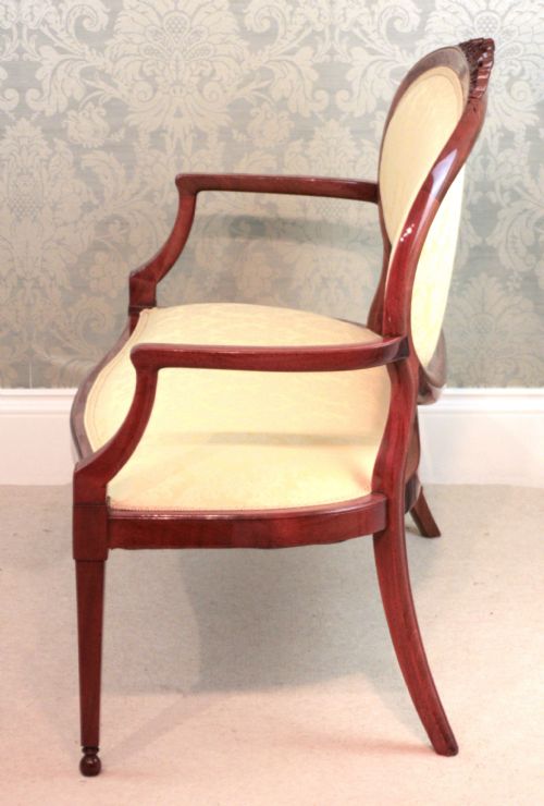 A FINE CARVED LATE VICTORIAN MAHOGANY INLAID UPHOLSTERED SETTEE - ADDITIONAL PHOTO 5